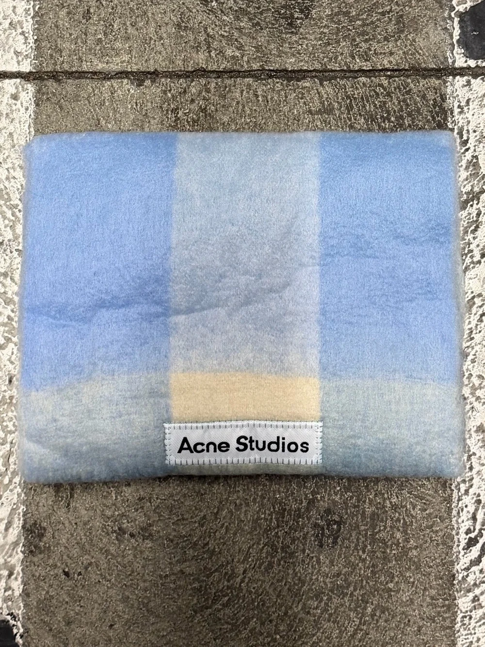 Acne Studio Blue and Cream Plaid Fringe Scarf